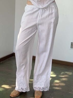 100% Linen Crochet Trim Pants L White Wide Leg Loose Pockets Elastic Tie Waist